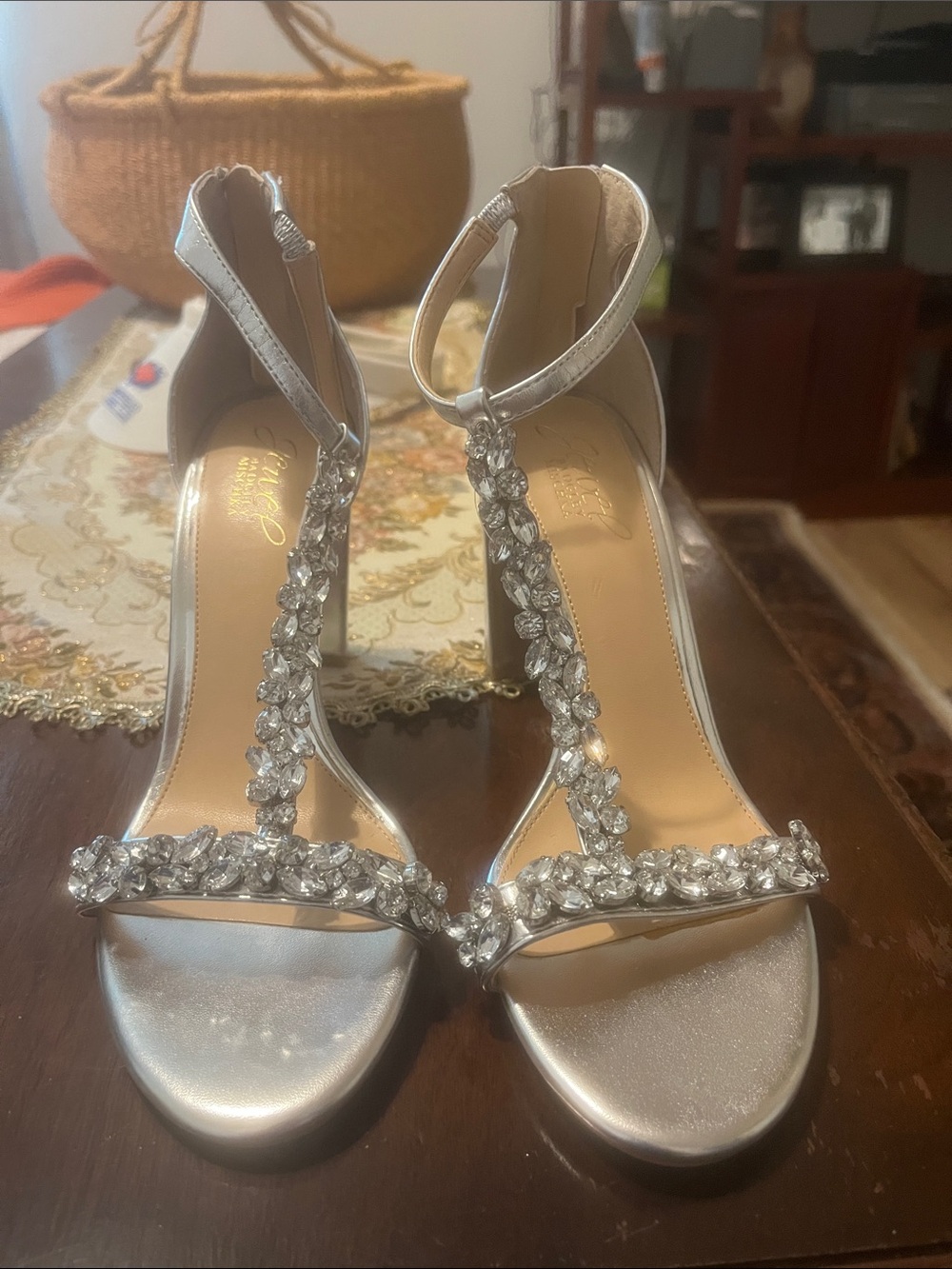 Badgley Mischka Silver Crystal T-Strap Heels